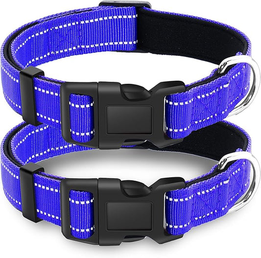 2 Pack Reflective Dog Collar with Safety Locking Buckle, Adjustable Soft Breathable Comfortable Nylon Pet Collar for Small, Medium and Large Dogs, Navyblue, L
