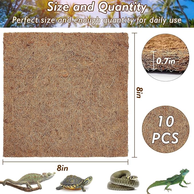 ZeeDix 10 Pcs Reptile Mat, 8X8 inch Natural Coconut Fiber Liner Mat Flooring Accessories for Reptile Tank - Bearded Dragon Tortoise Lizard Turtle Snake Leopard Gecko Substrate Bedding