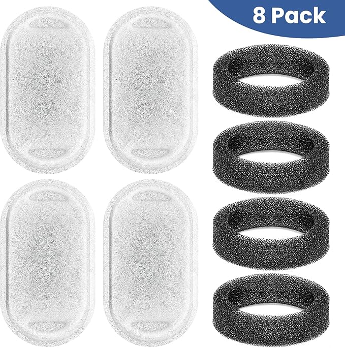 Cat Water Fountain Filter, 4 Pcs Cat Filters Replacement Pet Water Fountain Filters with 4 Pcs Sponges Foam for 67oz/2L & 108oz/3.2L Stainless Steel Automatic Cat Water Fountain Dispenser Filters