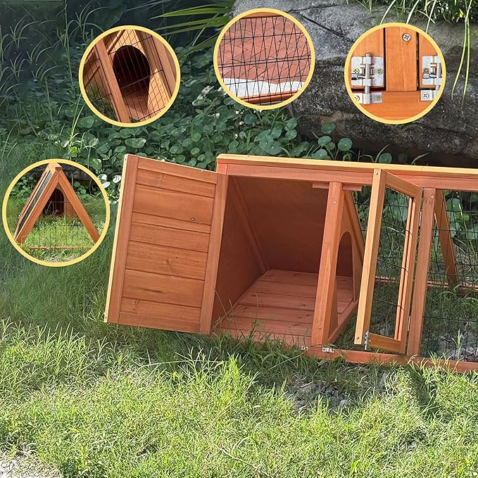 Wooden Chicken Coop, Quail Cage,Small Rabbit Hutch Cage Hybrid - A-Frame Design with Water-Resistant Slanted Roof &Ventilated Wire Run - TenaoVilleux (Natural Wood)
