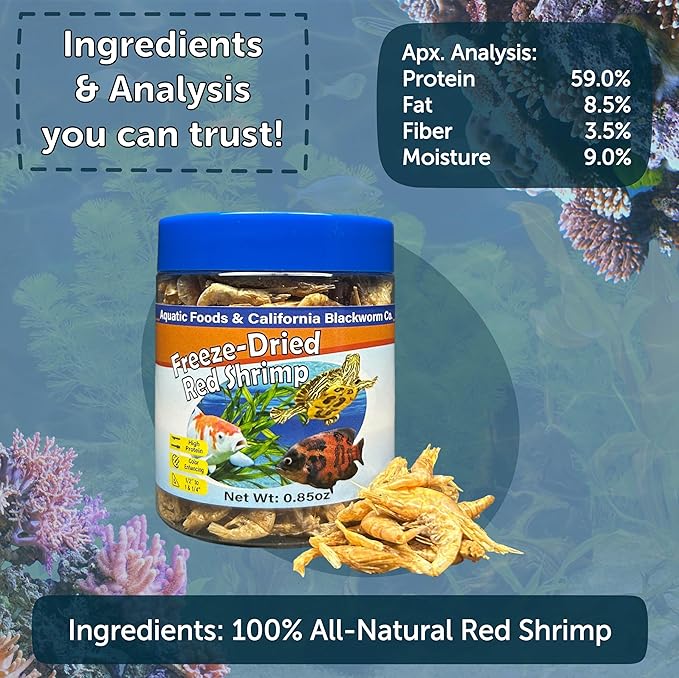 Aquatic Foods Inc. Red Shrimp, Freeze Dried 1/2" to 1 & 1/4" Floating Red River Shrimp for Cichlids, All Tropical Fish, Koi & Pond Fish, Aquatic Turtles, Reptiles, Rodents 1oz Canister