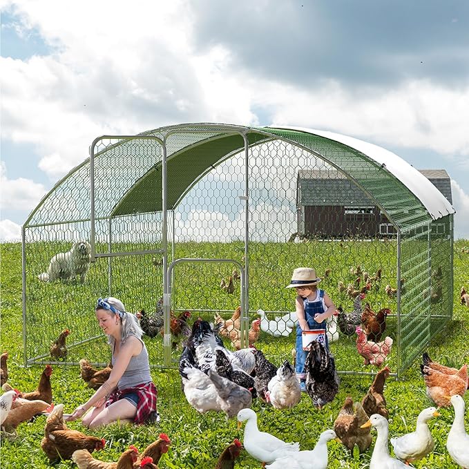Large Metal Chicken Coop Run,Outdoor Walk-in Cage Peak Hen House with Waterproof and Anti-Uv Cover,Dome Roof Hen House with Security Lock for Outdoor,Backyard and Farm, 9.8 x 13.1 x 6.6 ft