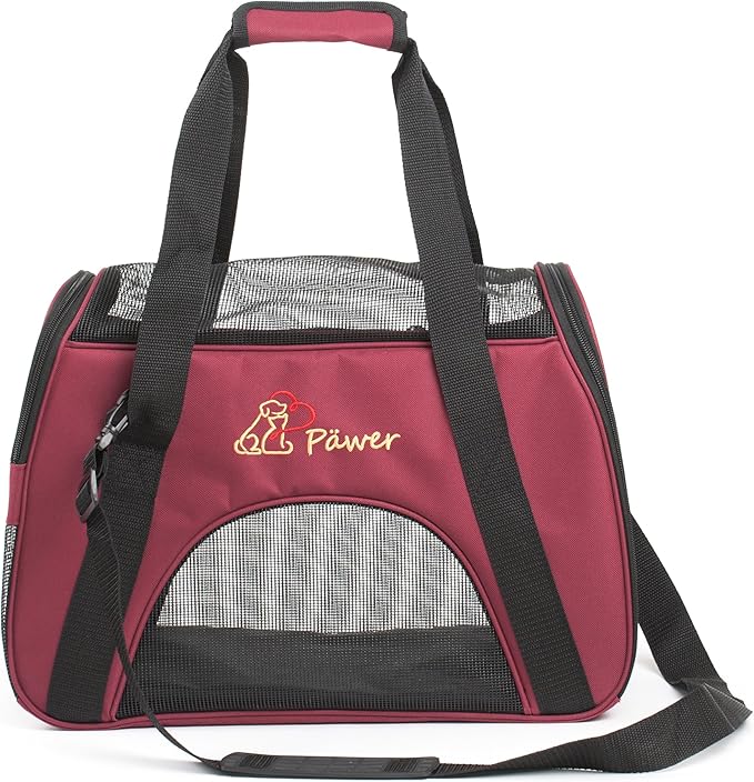 Pawer Soft-Sided Pet Carrier for Cat and Small Dog,Burgundy Color,Medium Size,Washable Cloth Airline Approved Travel Tote,with 2 Mesh Opens and a Strap for Carry,Multiple Colors Available