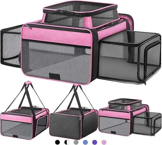 Top and 2 Sides Expandable Cat Carrier 18x13.5x9.5, TSA Airline Approved Dog Carriers for Small Dogs, Soft-Sided Pet Carrier with Self-Locking Zippers for Kitten,Rabbit, Puppy, Guinea Pig Pink