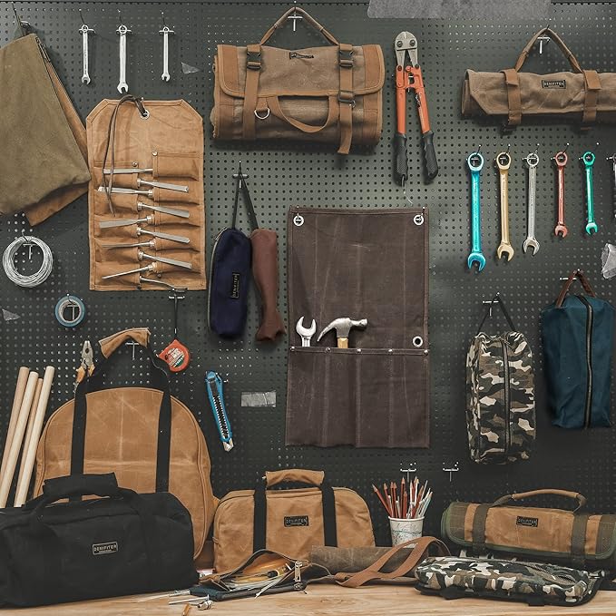 Denifiter Wrench Roll Up Pouch, Heavy Duty Waxed Canvas Tool Roll Bag Tool Organizer Bag With 20+4 Pockets (Brown)