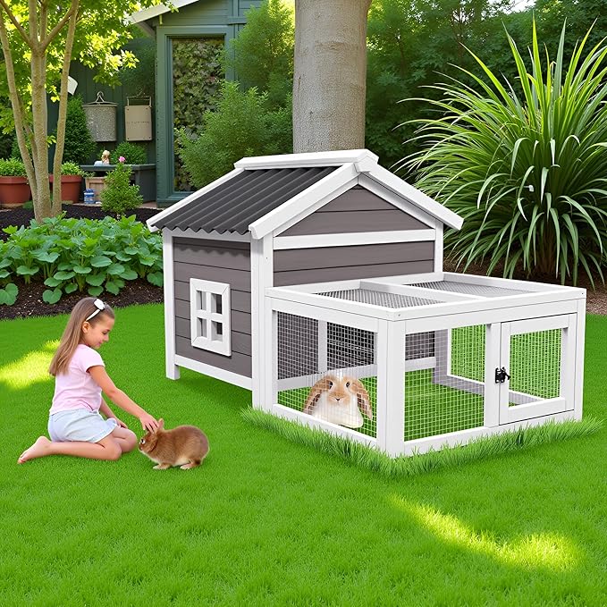 Small Rabbit Hutch Wooden Easy to Assemble and Stable Bunny Cage with Waterproof Roof Indoor and Outdoor for Indoor and Backyard use Bunny Rabbit Chick (White)