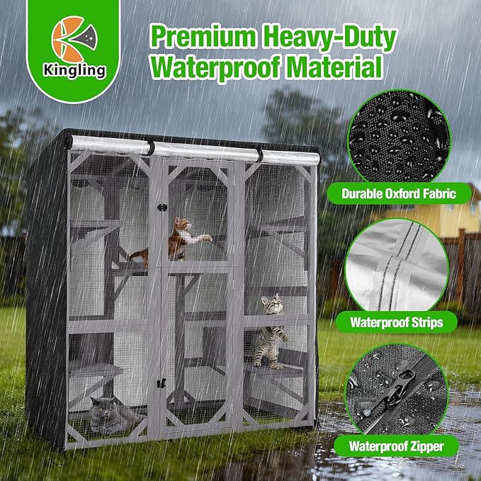 Kingling Outdoor Cat House Cover for Winter, Waterproof and Dustproof Protection Cover for Large Cat Cage Condo Black - 63" L x 32" W x 71" H inch(Cover Only)