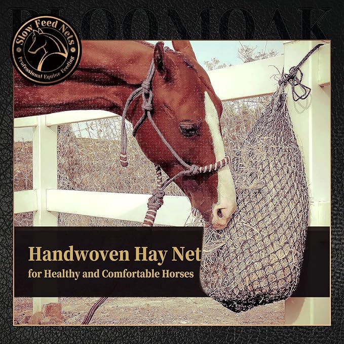 Bloomoak Slow Feed Hay Net for Horses, 40" Hay Bag with 1 inch Hole for Horse and Goat, Heavy Duty PE,Easy Fill with Rings…