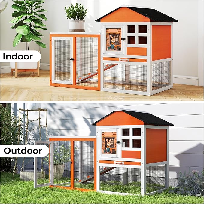 48" L Rabbit Hutch Outdoor Indoor, Expandable 2-Story Large Wooden Bunny Cage with Run, Removale Tray, Top-Opening Waterproof Roof, 2 Doors, DIY Drawing Board, Orange + Colorful Pattern