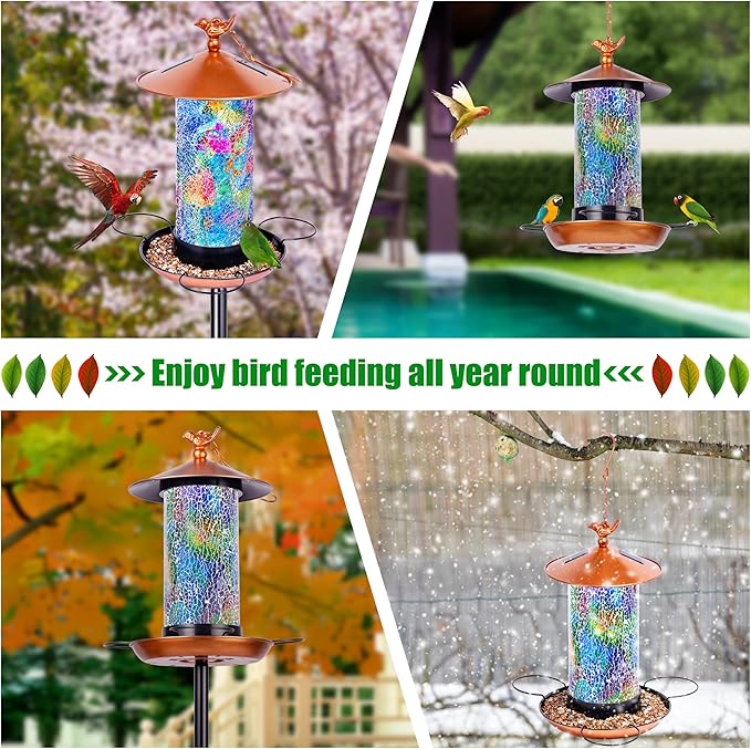 Ottsuls Solar Bird Feeder for Outdoors with Pole, Luxury Mosaic Glass Metal Vintage Lantern Standing, Pretty Garden Gift for Birthday Women, Men, Mom, Dad,Grandma