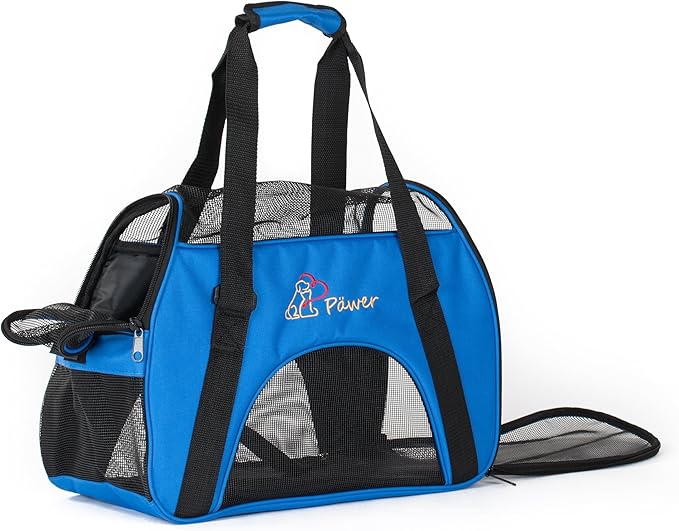 Pawer Soft-Sided Pet Carrier for Cat and Small Dog,Blue Color,Medium Size,Washable 600D Oxford Cloth Airline Approved Travel Tote,with 2 Mesh Opens and a Strap for Carry,Multiple Colors Available
