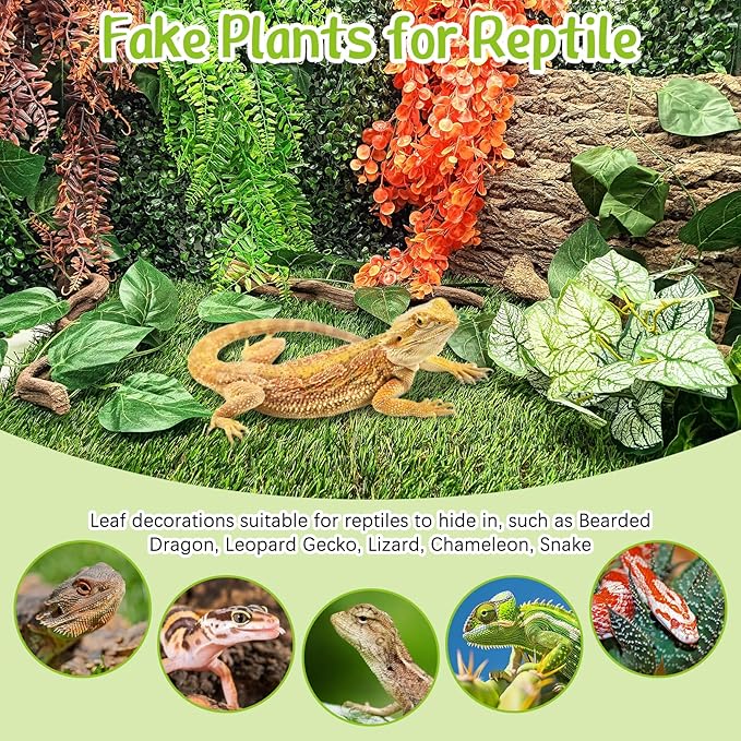 Hamiledyi Reptile Plants Tank Habitat Decorations 2 Pcs Artificial Leaves Habitat Decor with Suction Cup Fake Hanging Vines for Bearded Dragon, Leopard Gecko, Lizard, Chameleon, Snake