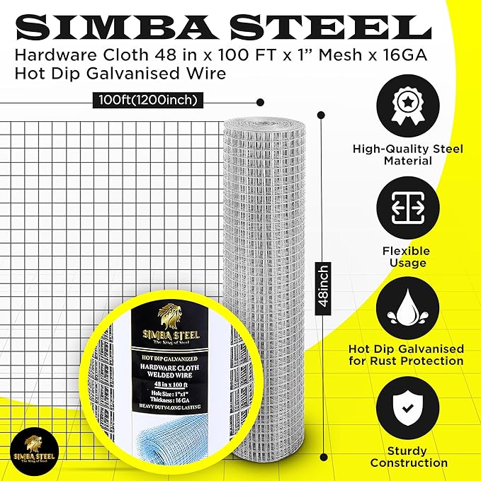 48” x 100 FT Hardware Cloth 1 inch Mesh 16 Gauge, Hot Dip Galvanised Wire Mesh, Rust Proof, Welded Cage Wire Rolls for Garden, Fence, Chicken, Rabbit, Pet Enclosures