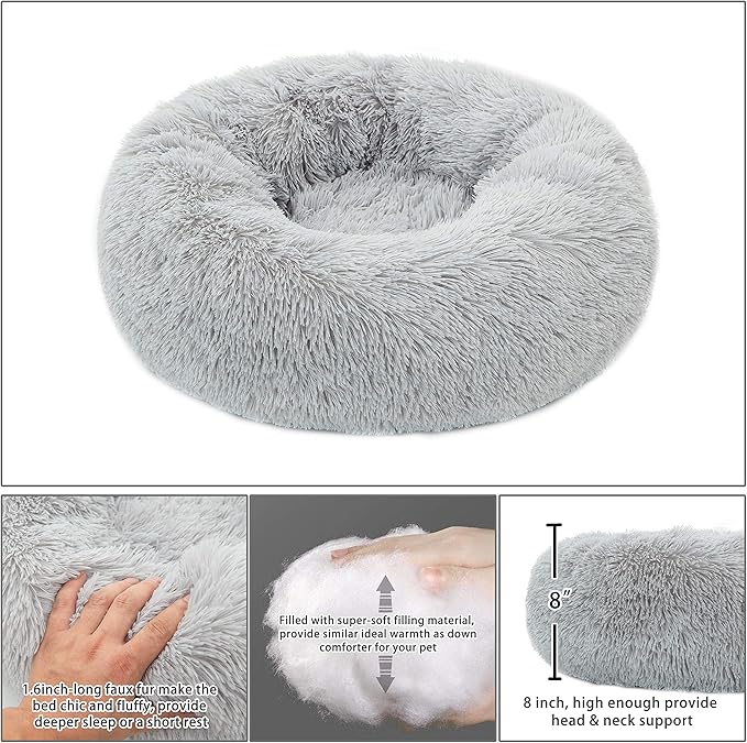 Donut Bed Medium Size Dog, Calming Soft Round Cuddler Dog Beds Fluffy Plush Faux Fur Pet Beds (24", Light Grey)