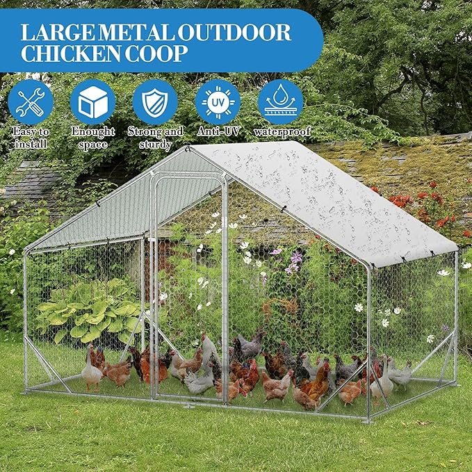 Large Metal Chicken Coop Run,Outdoor Walk-in Cage Peak Hen House with Waterproof and Anti-Uv Cover,Spire Roof Hen House with Security Lock for Outdoor,Backyard and Farm, 9.8 x 6.5 x 6.5 ft