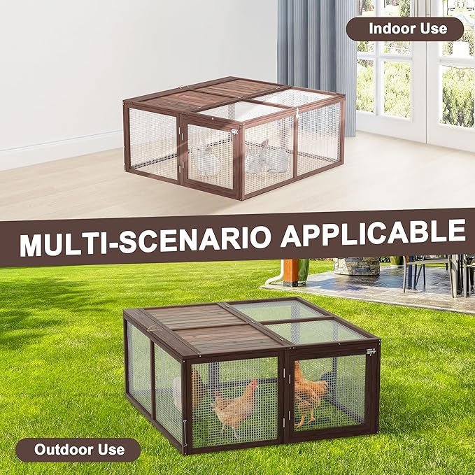 Portable Chicken Coop Run, Rabbit Hutch with Top & Side Opening Doors, Folding Wooden Rabbit Cage for Guinea Pigs, Bunny, Rabbit, Hedgehog, Small Animal Outdoor (Brown)