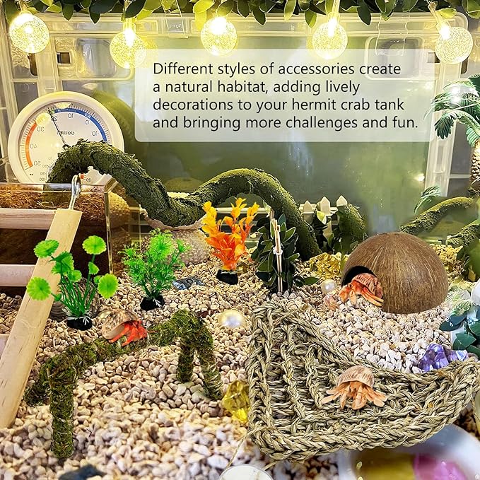 6 PCS Hermit Crab Accessories Set Large Bendable Moss Hermit Crab Climbing Toys Coconut Shell Hut Climbing Hammock with Suction Cup Plastic Plants for Reptile Amphibian