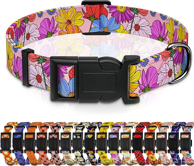 Dog Collar, Pink Floral Boys Girls Puppy Collar for Small Medium Large Dogs, Adjustable Soft Floral Pet Collar with Safety Buckle for Male Females(Pink Floral, XS)