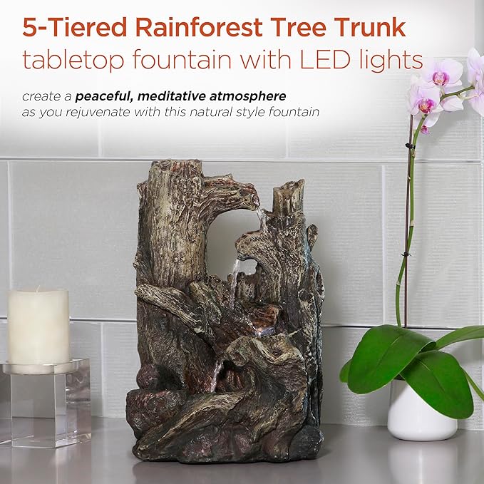 Alpine Corporation WIN786S Indoor 5 Tiered Rainforest Tree Trunk Tabletop Waterfall Fountain with LED Lights, 14" Tall, Brown