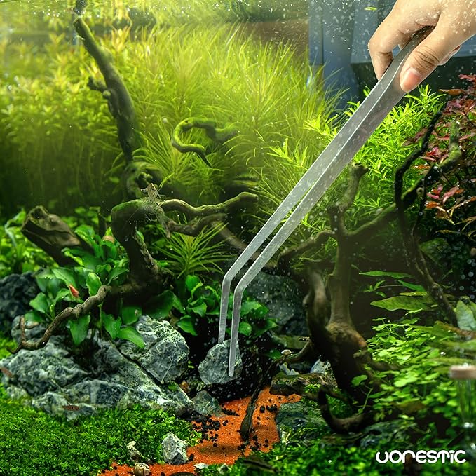 VORESTIC 2PCS 15" Curved Aquarium Tweezers Long and 9.8" Aquarium Scissors, Feeding Tongs and Scissors with Protective Cap, Stainless Steel Aquascaping Tools for Plant Trimming and Reptile Feeding