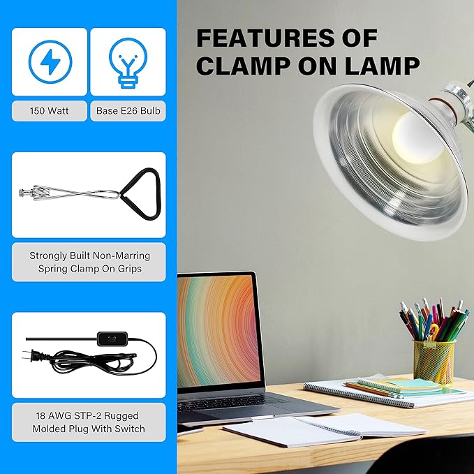 Simple Deluxe 2-Pack 75W Ceramic Reptile Heat Lamp Bulb & 150W Clamp Light with 8.5" Aluminum Reflector Combo for Amphibian Pets