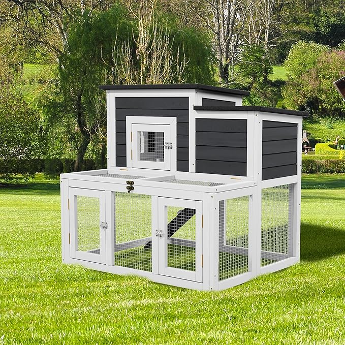 37.8" L Rabbit Hutch Outdoor,UV-Proof Home for Chickens, Ducks,Bunnies & Guinea Pigs，2-Story Pet House Indoor Bunny Hideout with Ventilation Door，Weatherproof Asphalt Roof for Garden Backyard (Grey)