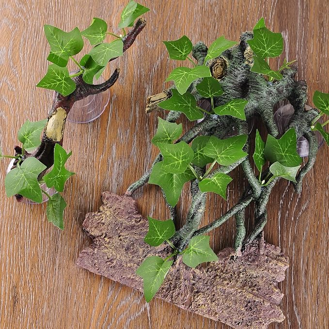 IBWell Resin Reptile Corner Branch with Rock, Amphibian Lizard Snake Climbing Ornament, Lifelike Terrarium Plant Decoration with Suction Cup