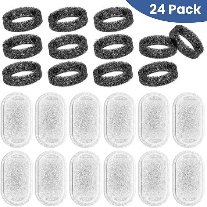 Cat Water Fountain Filter Replacement, 12 Pcs Cat Filters Pet Water Fountain Filter with 12 Pcs Sponges Foam for 67oz/2L & 108oz/3.2L Stainless Steel Automatic Cats Water Fountain Dispenser Filters