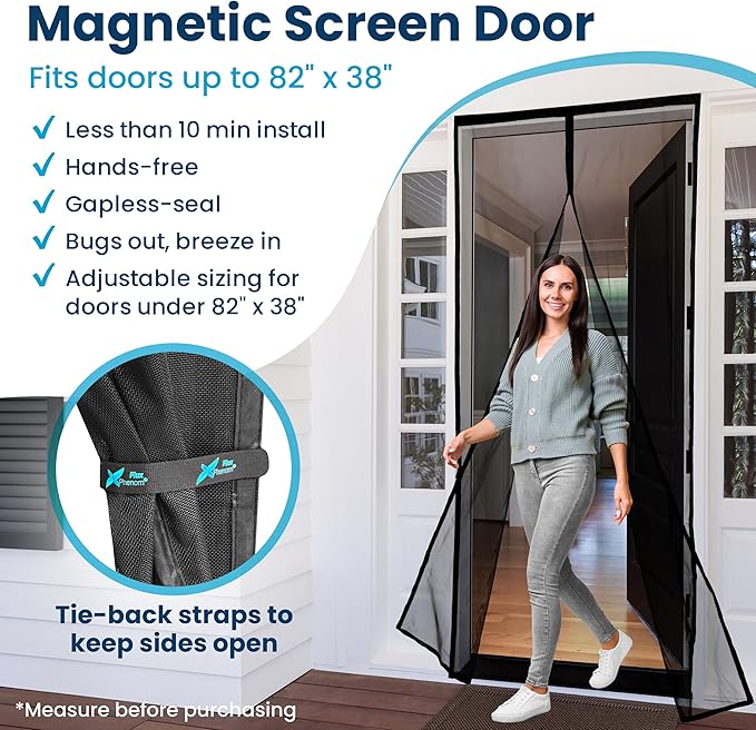 Flux Phenom Magnetic Screen Door (2 Pack) - Bugs Out, Breeze in - 9min Install Auto-Sealing Heavy Duty Double Stitched Mesh, Hands Free Sliding & Patio Doors Net, Pet & Kid Friendly, 38 x 82 Inch