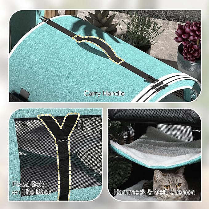 PawHut 39" Portable Soft-Sided Cat Carrier, Cat Kennel, Travel Dog Crate with Divider, Two Compartments, Soft Cushions & Storage Bag, Easy to Fold, Green