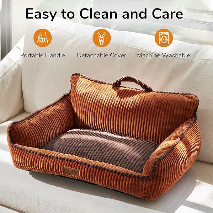 FUKUMARU Dog Couch Bed, Fluffy Corduroy Cat Beds for Indoor Cats with Washable Cover, Waterproof Small Dog Sofa Beds with Portable Handle and Anti-Slip Bottom, Pet Beds & Furniture 28inch, Orange