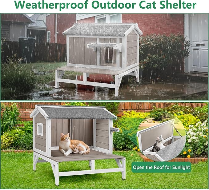 Cat House Outdoor Weatherproof Cat Shelter for Outside Ferals Cats with Waterproof Openable Roof & 8.3" Platform, Balcony Wooden Pet Houses for 1-3 Small Animals