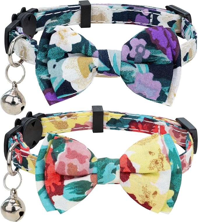 Collar for Cat Pet Breakaway with Bell Bowtie Detachable Bow Adjustable Safety Kitten Puppy Girl Boy 2pcs Yellow & Purple Oil Painting