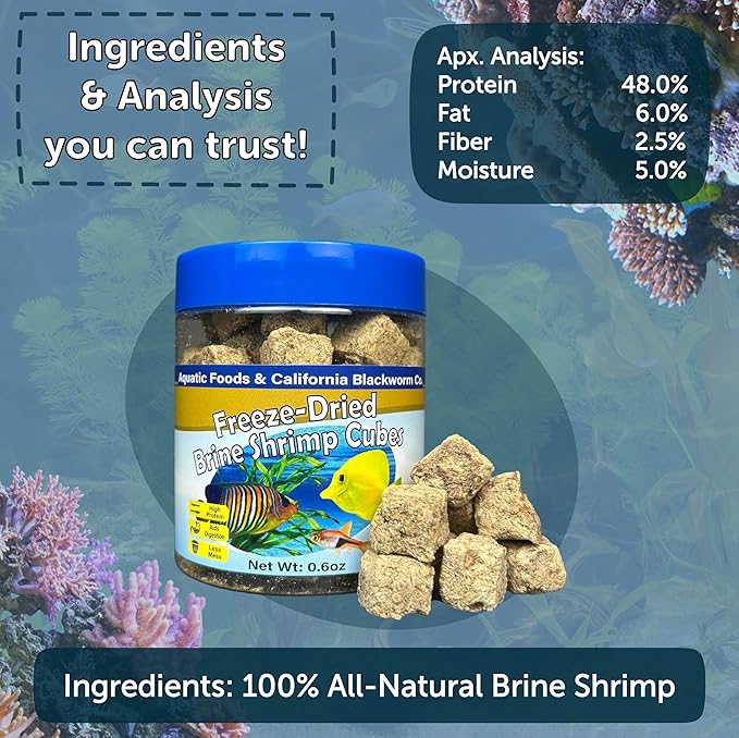 Aquatic Foods Inc. Brine Shrimp, Freeze Dried Floating Brine Cubes for Cichlids, Discus, Tetras, Goldfish, Bettas, Angel Fish, Marines, All Tropicals, Aquatic Turtles 2.45oz Canister