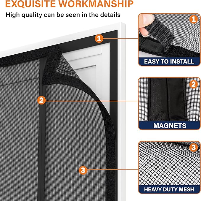 Double Door Fiberglass Magnetic Screen Door，Screen Door Mesh，Keep Bugs Out, Heavy-Duty Mesh Curtain,Pet and Kid Friendly, Works with Front Doors, Sliding Doors（64x80 Inch