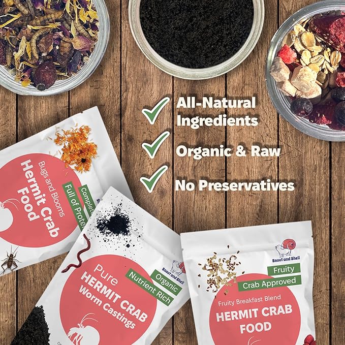 Snout and Shell Hermit Crab Food Variety Pack – Fruity Breakfast, Bugs & Blooms, and Organic Worm Castings – High-Protein, Nutrient-Rich Diet with Fruits, Seeds, Bugs & Minerals – All-Natural, Non-GMO