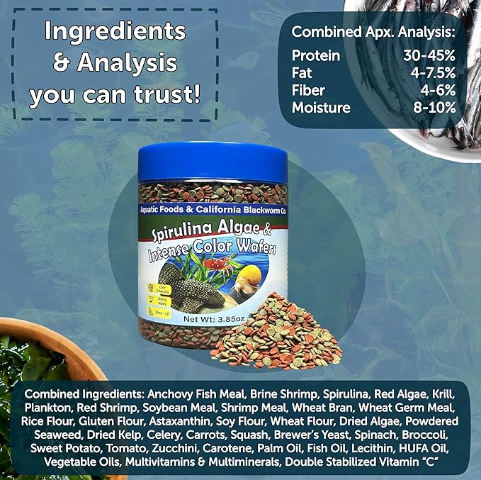 Aquatic Foods Inc. 3.5mm - 1/8" Micro Sinking Wafers of Spirulina, Algae & Color Enhancing Wafers for Bottom Fish, Shrimp, Snails, Tropicals. 4-Type Wafer & 12-Type Pellets Included 6oz Canister