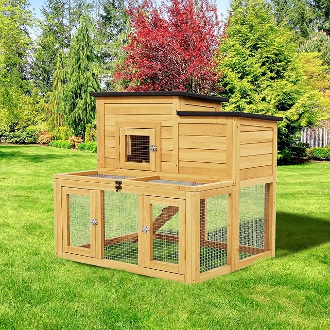 Small Chicken Coop, Chicken Run, Wooden Duck Coop Outdoor 2-Tier Rabbit House All Weather Used Poultry Quail Hutch Pet Cage with Removable Ramp for Garden Backyard (Yellow)