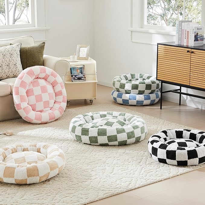 Checkered Dog Bed, Cute Beige Khaki Retro Style Aesthetic Round Warming Pet Calming Beds for Small Dog and Cats, Plush Cozy Donut Dog Beds Washable, 30" L x 30" W x 8" Th
