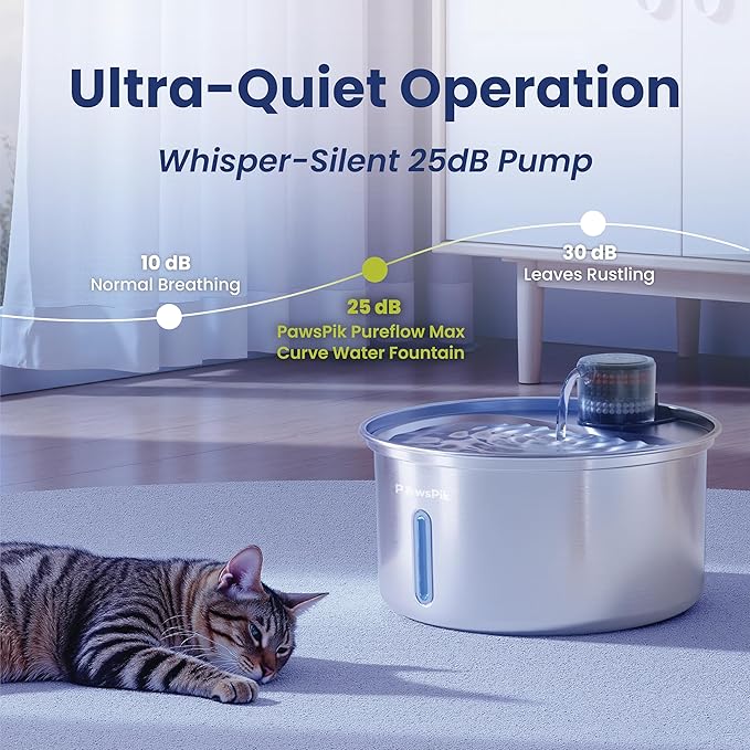 PawsPik PureFlow MAX Automatic Pet Water Dispenser, Stainless Steel Curve Dog & Cat Water Fountain, 3.2-Liter for Fresh, Long-Lasting Hydration