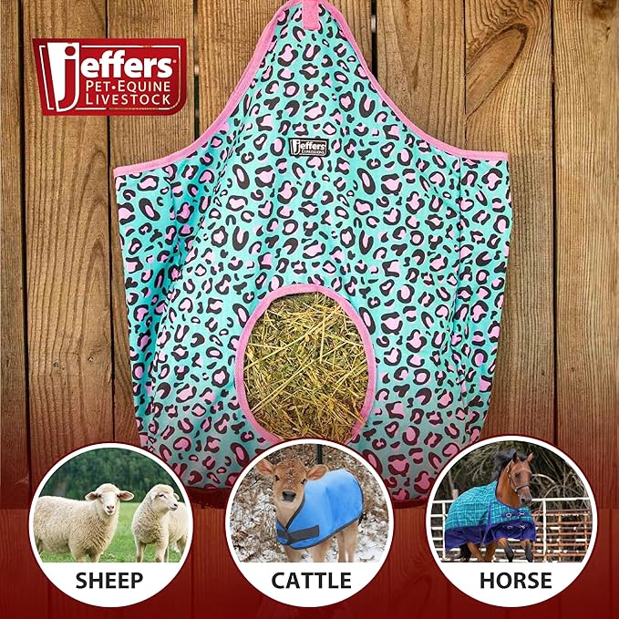 Jeffers Expression Top Loading Hay Bag for Horses & Livestock – Durable 600 Denier, Water Resistant Hay Feeder with Mesh Bottom for Stall, Trailer & Travel – Horse Feeding Supplies - Party Cheetah