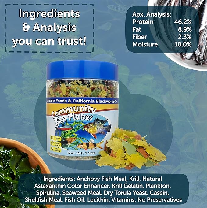 Aquatic Foods Inc. Community & Tropical Fish Flakes, for Angel Fish, Guppies, Live Bearers, Loaches, Gouramis, Catfish, Cichlids, 12-Type Pellet Mix & 4-Type Wafer Mix Included..2.65oz Canister