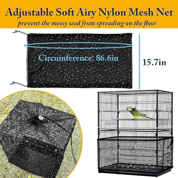 Universal Bird Cage Cover,Pet Cage Cover,100% Shading Oxford Cloth with PU Coating Layer,Good Night for Small Animals,Adjustable Soft Airy Nylon Mesh Net for Round Square Cages (Black, 35×25×47in)