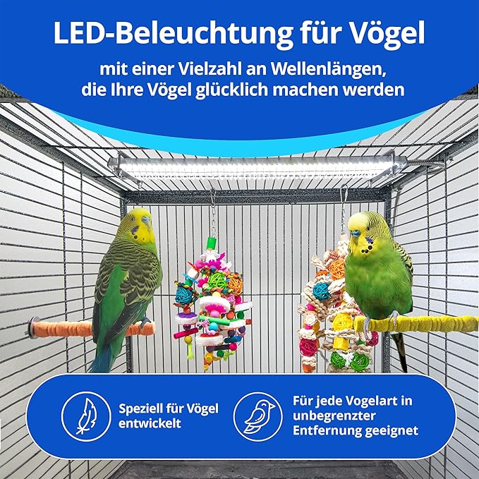 HappyBird Lighting Bird Cage Light with Chew Guard - Full Spectrum LED Pet Light - Simulates Natural Environment - Safe for Hookbill Birds – Easy to Install - (10" Long)