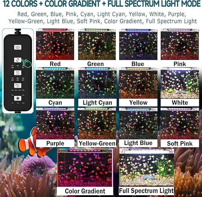 24/7 Mode LED Aquarium Light for 18-24 Inch Plant & Fish Tank, IP68 Full Spectrum Light, Sunrise-Daylight-Moonlight, White Red Green Blue Pink LEDs with Extendable Brackets for Freshwater