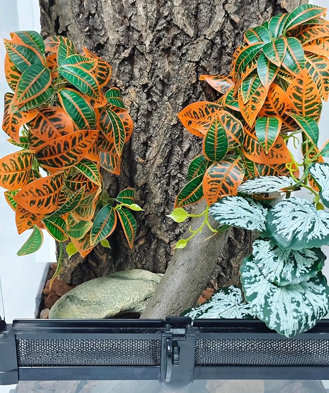 Woyrise 2 Pack Reptile Plants, Terrarium Hanging Plant Vines, Artificial Leaves with Suction Cup, Bearded Dragon Tank Accessories for Gecko Lizard Snake Frog Tortoise Decorations - Codiaeum Variegatum