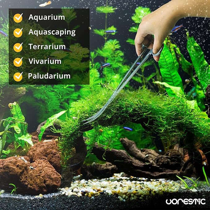 VORESTIC 2PCS 15" Curved Aquarium Tweezers Long and 9.8" Aquarium Scissors, Feeding Tongs and Scissors with Protective Cap, Stainless Steel Aquascaping Tools for Plant Trimming and Reptile Feeding
