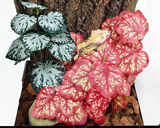 Woyrise Reptile Plants, Terrarium Hanging Plant Vines, Artificial Leaves with Suction Cup, Bearded Dragon Tank Accessories for Gecko Lizard Snake Frog Tortoise Decorations - Pink Heuchera