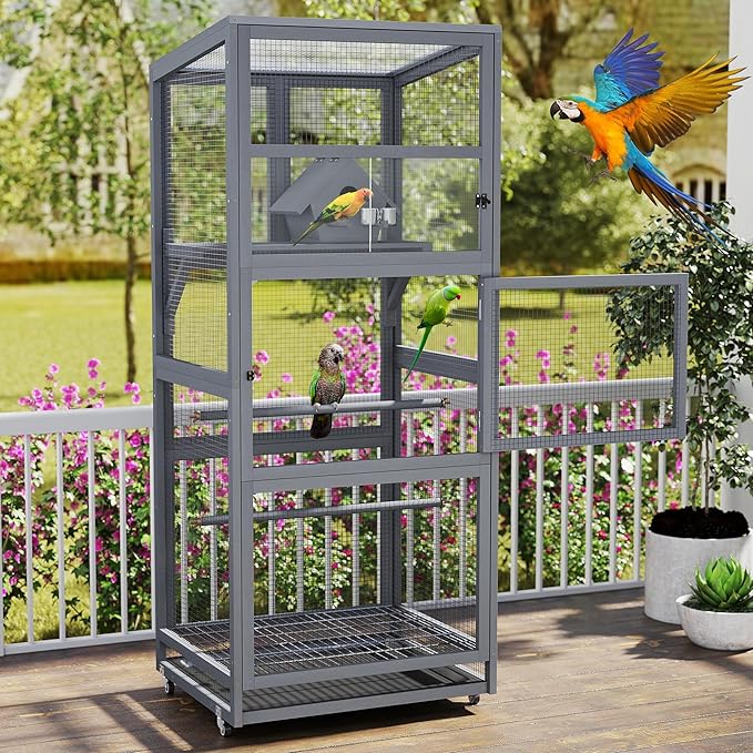 Coziwow 68" H Large Wood Bird Cage on Wheels, Outdoor Bird Aviary Indoor Wooden Large Bird Cage Parakeet Cage with Pull Out Tray and Feeder,Ideal for Small Birds,Finches,Parrots, Gray