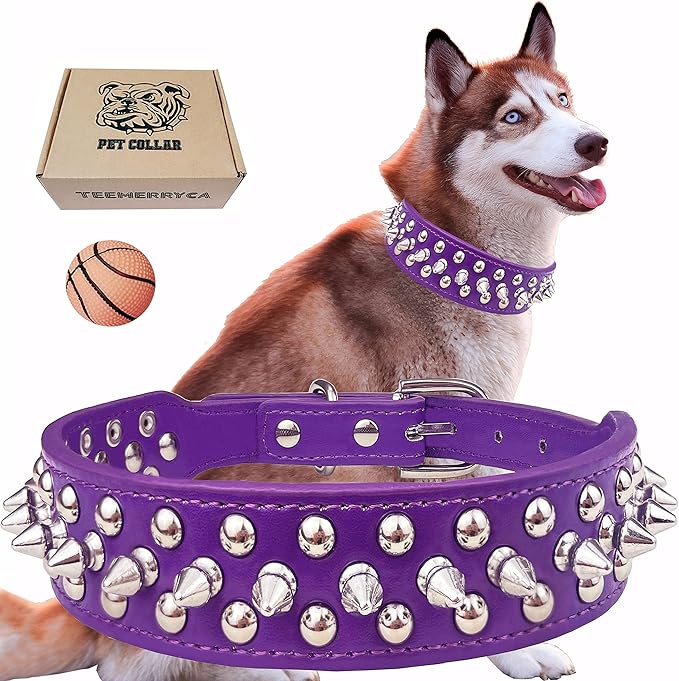 TEEMERRYCA Adjustable PU Leather Spiked Studded Dog Collars with a Squeak Ball Gift for Small Medium Large Pets Like Cats/Pit Bull/Bulldog/Pugs/Husky, Purple, XL 17.7"-20.5"